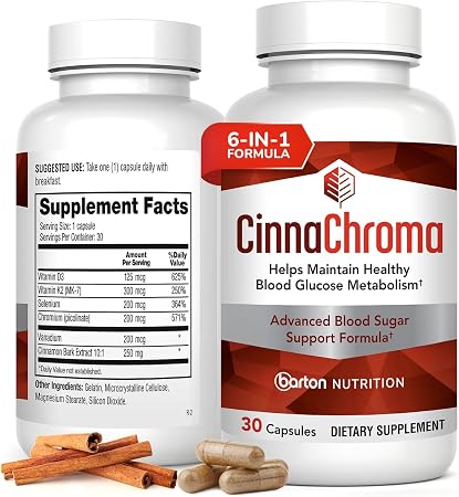 CinnaChroma Cinnamon Supplement with Chromium & Vitamin D3 K2, 30 Caps