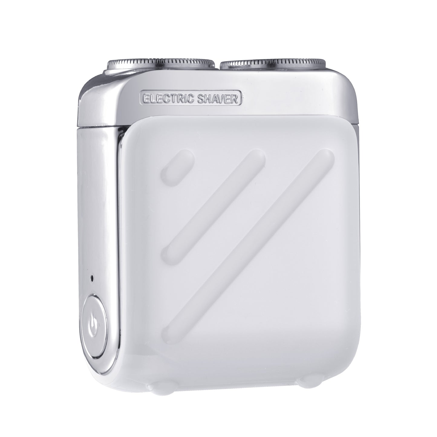 White electric shaver with silver accents on a white background