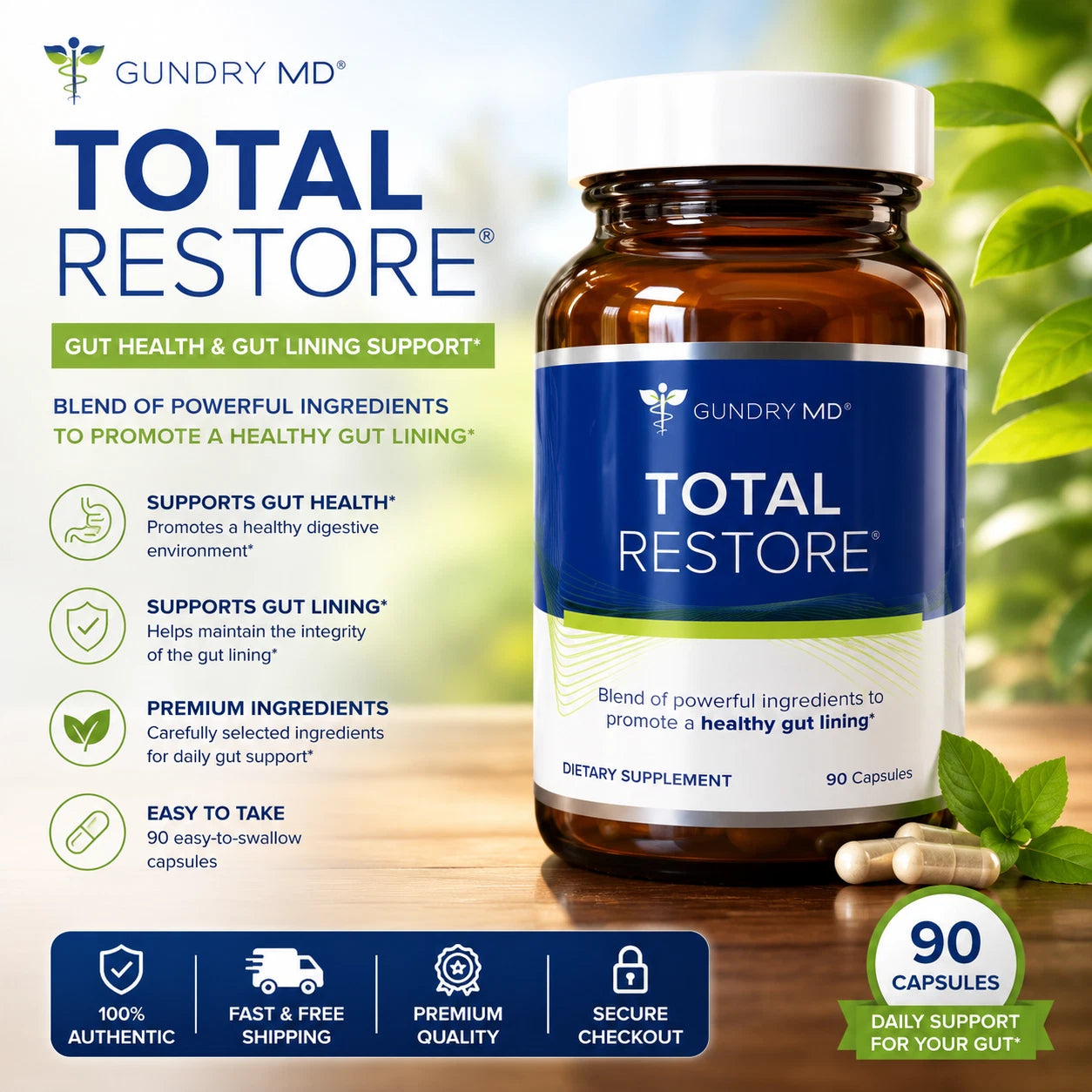 Gundry MD® Total Restore® Gut Health and Gut Lining Support Supplement (90 Caps)
(Glass Bottle)