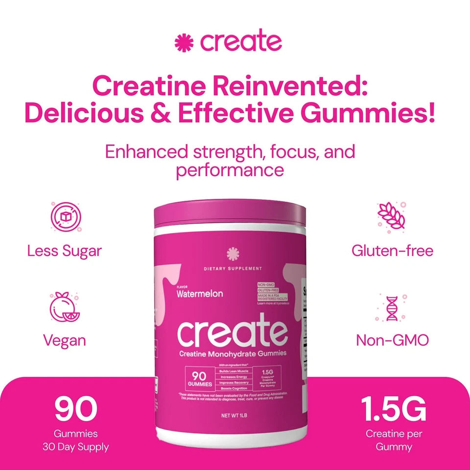 Create Creatine Monohydrate Gummies – Watermelon Flavor | Muscle Strength, Recovery & Focus | 90 Gummies (30 Servings)