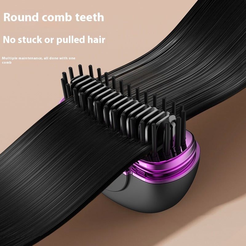 Portable USB hair straightener brush with round comb teeth and purple base