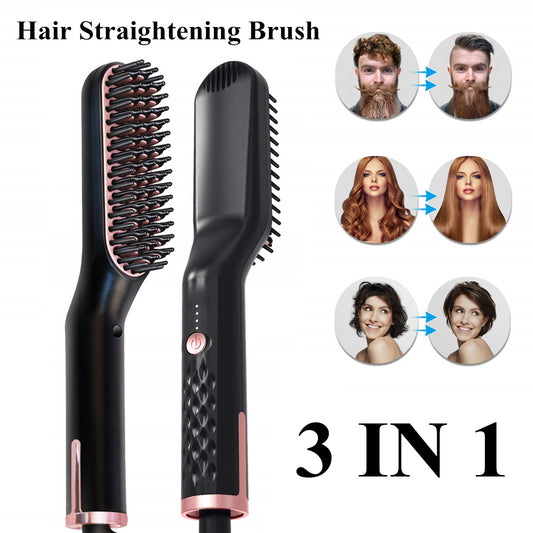 Hair straightening brush with 3-in-1 feature, shown with before and after hair transformations.