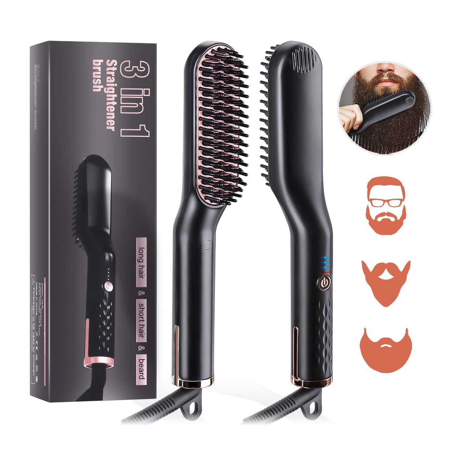 3-in-1 hair straightener with packaging and beard grooming icons on a white background