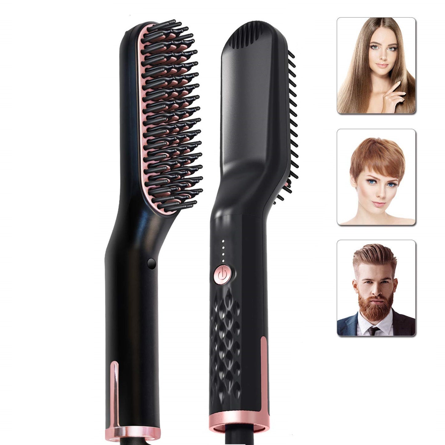 Black and rose gold hair styling tool with images of people styled with hair on a white background