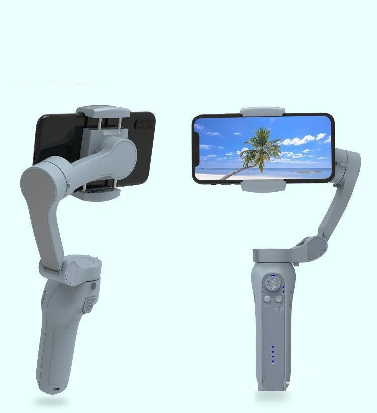 Handheld smartphone stabilizer with two phone mounts on a white background