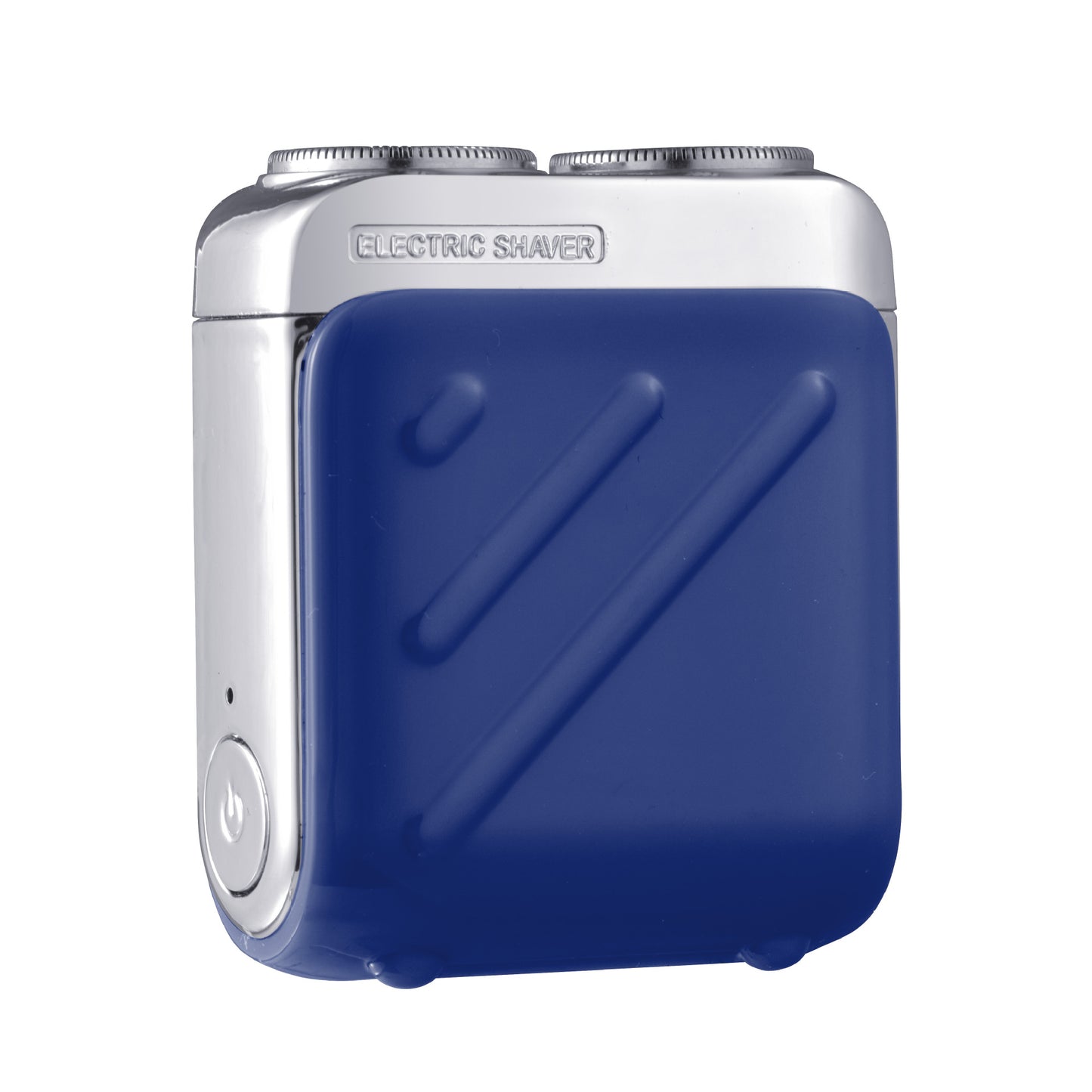 Blue electric shaver with silver top on a white background