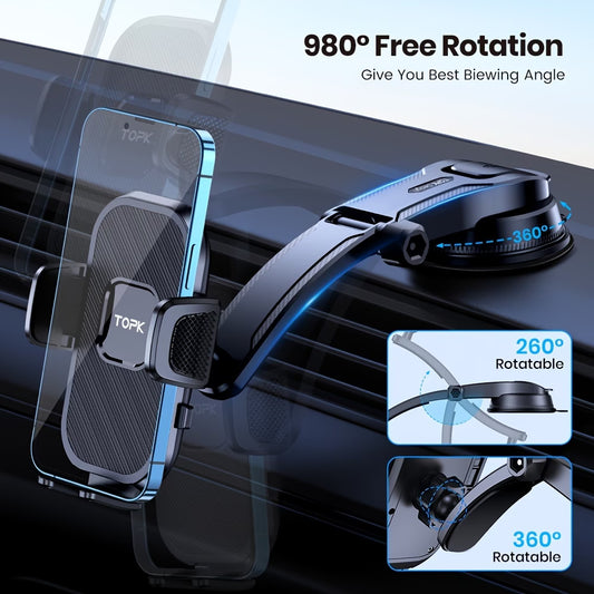 Car Phone Holder Mount by TOPK - D38-C Enhanced Adjustable Cell Phone Holder for Car Dashboard - Works with All Phones in Both Horizontal And Vertical Positions