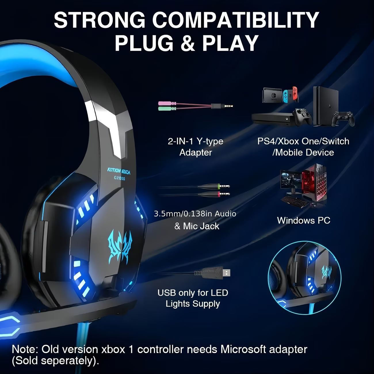 G2000 Gaming Headset - Over Ear Wired Headphones with Mic - LED Light for PC Game, Video Games Ps 5