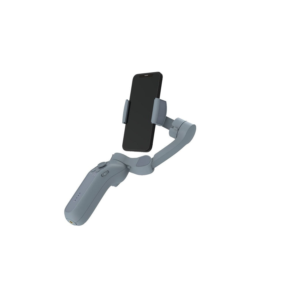 Gray phone holder with a smartphone on a white background