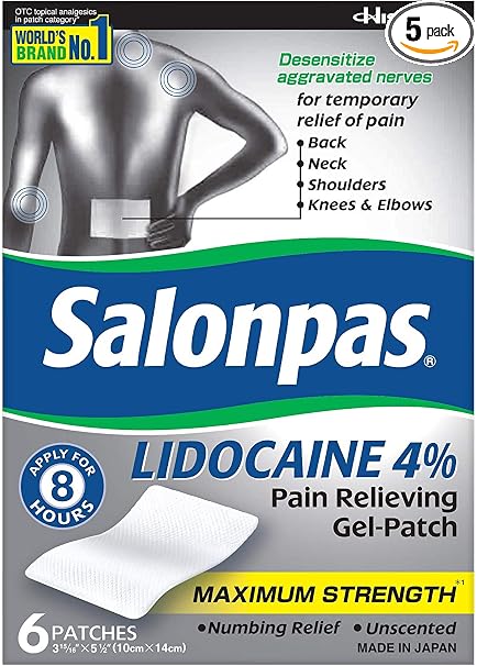 Salonpas Lidocaine 4% Max Strength Gel-Patch, 5 Pack Bundle, 30ct
