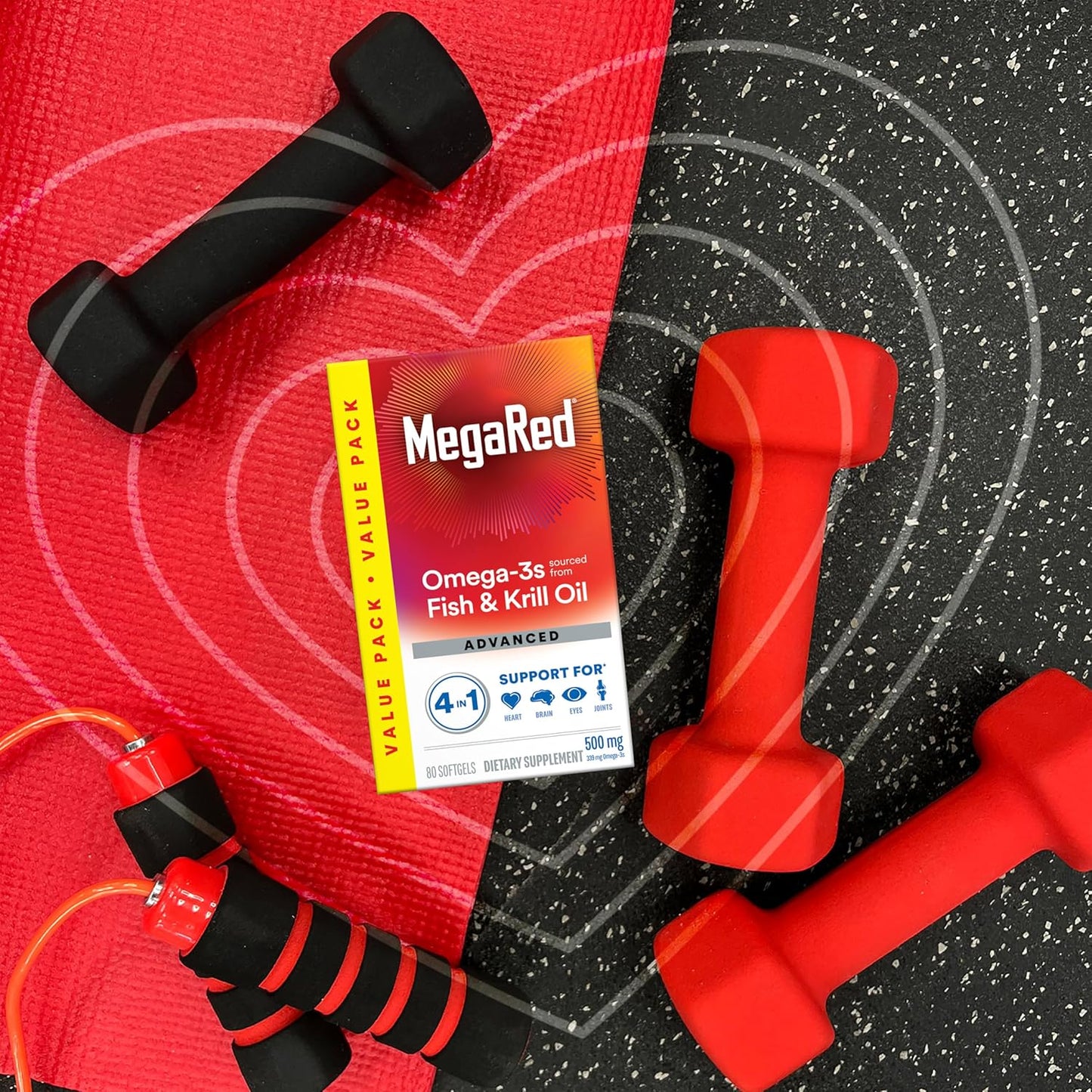 MegaRed Advanced 4-in-1 Omega-3 Fish & Krill Oil – Heart, Joint, Brain & Eye Support | 500mg, 80 Softgels