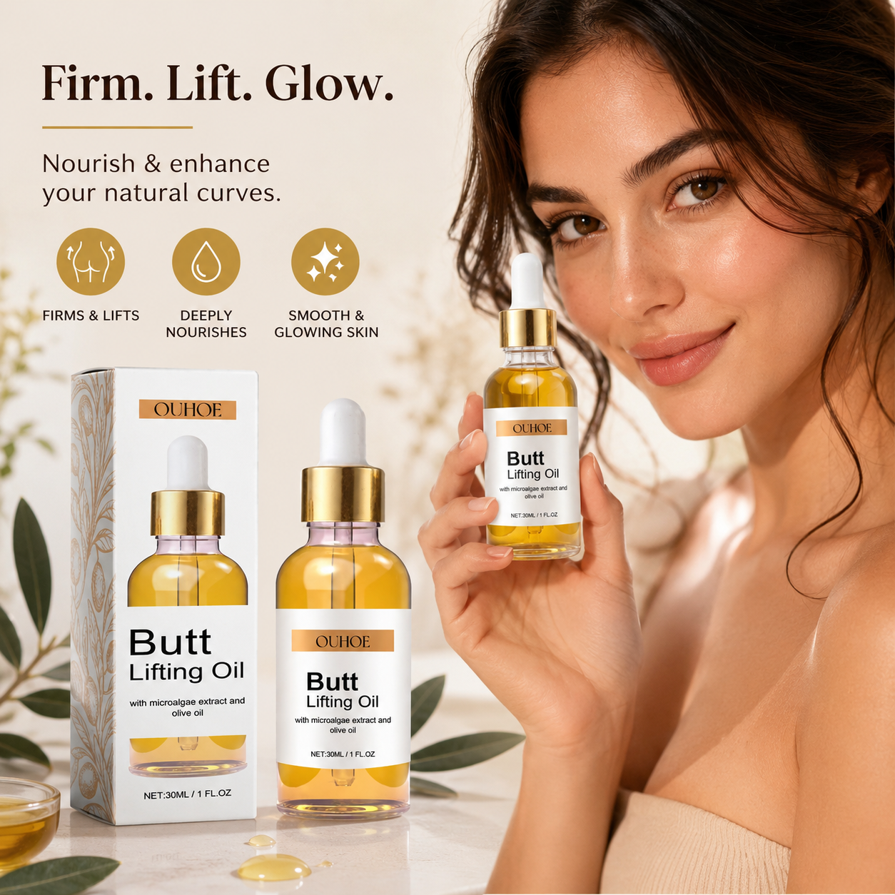 OUHOE Hip & Buttock Firming Oil 30ml - Natural Hydrating Blend For Skin Elasticity Support, Moisturizing Essential Oil Formula To Help Improve Skin Texture, Non-Greasy Body Contouring Care For All Skin Tones,Light Beige