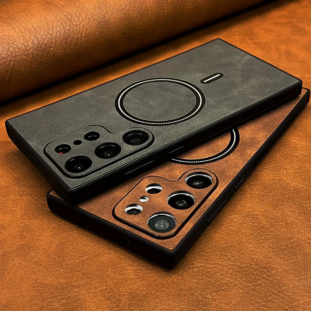 Phone Case - Luxury Retro Artificial Leather Phone Case Compatible with for Samsung Compatible with Galaxy S25 Ultra S24 S23 S22 S21 Note 20 Ultra Matte Soft Bumper Magnetic Wireless Charging Shockproof