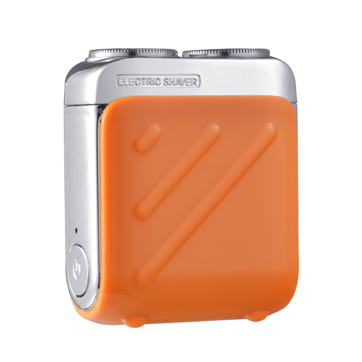 Orange electric shaver with silver top on a white background