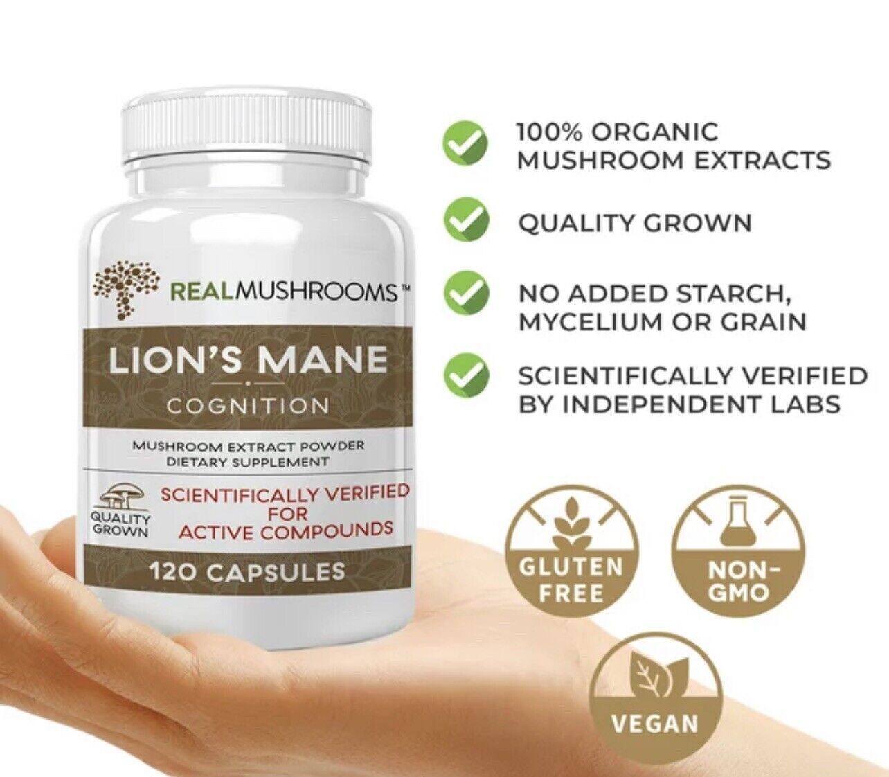 Real Mushrooms Organic Lion's Mane Mushroom Capsules – Cognitive & Immune Support | 120 Count