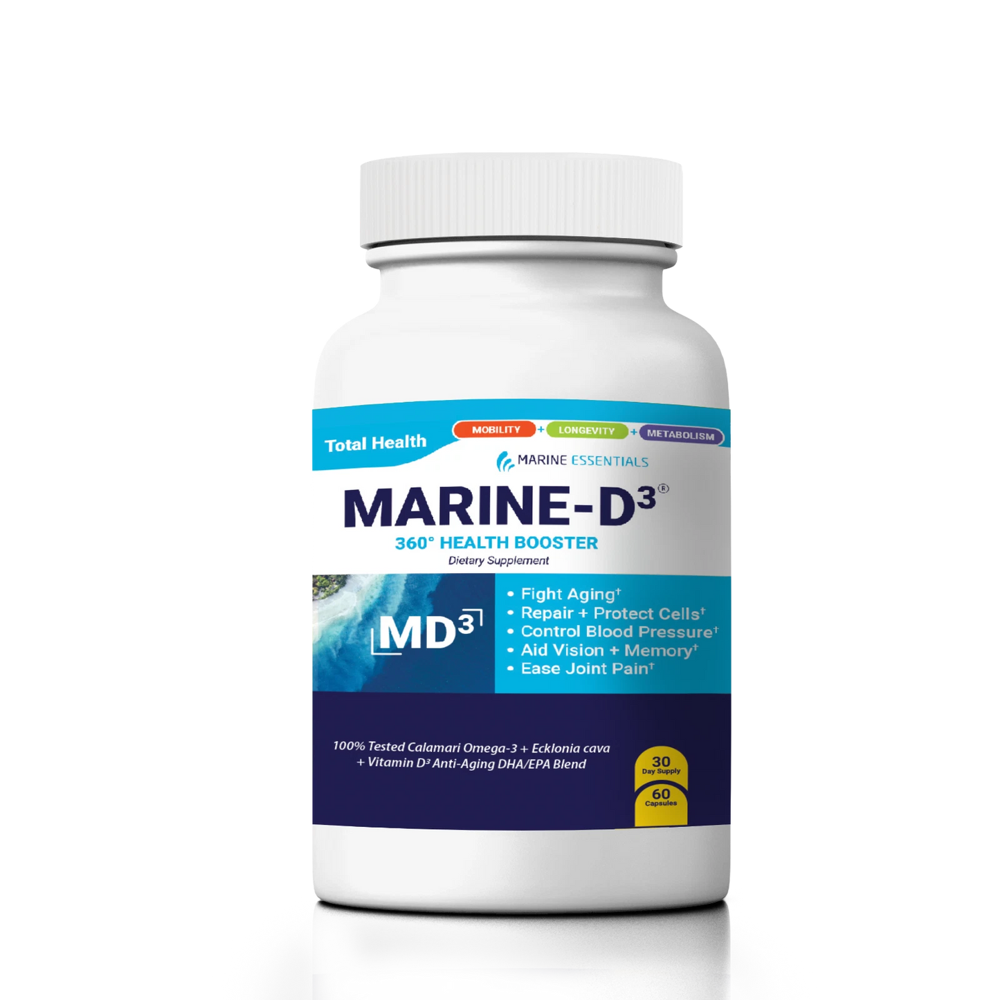 Marine-D3 Anti-Aging Omega-3 Supplement with Vitamin D3, 60 Capsules