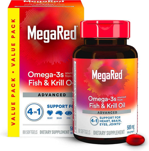 MegaRed Advanced 4-in-1 Omega-3 Fish & Krill Oil – Heart, Joint, Brain & Eye Support | 500mg, 80 Softgels