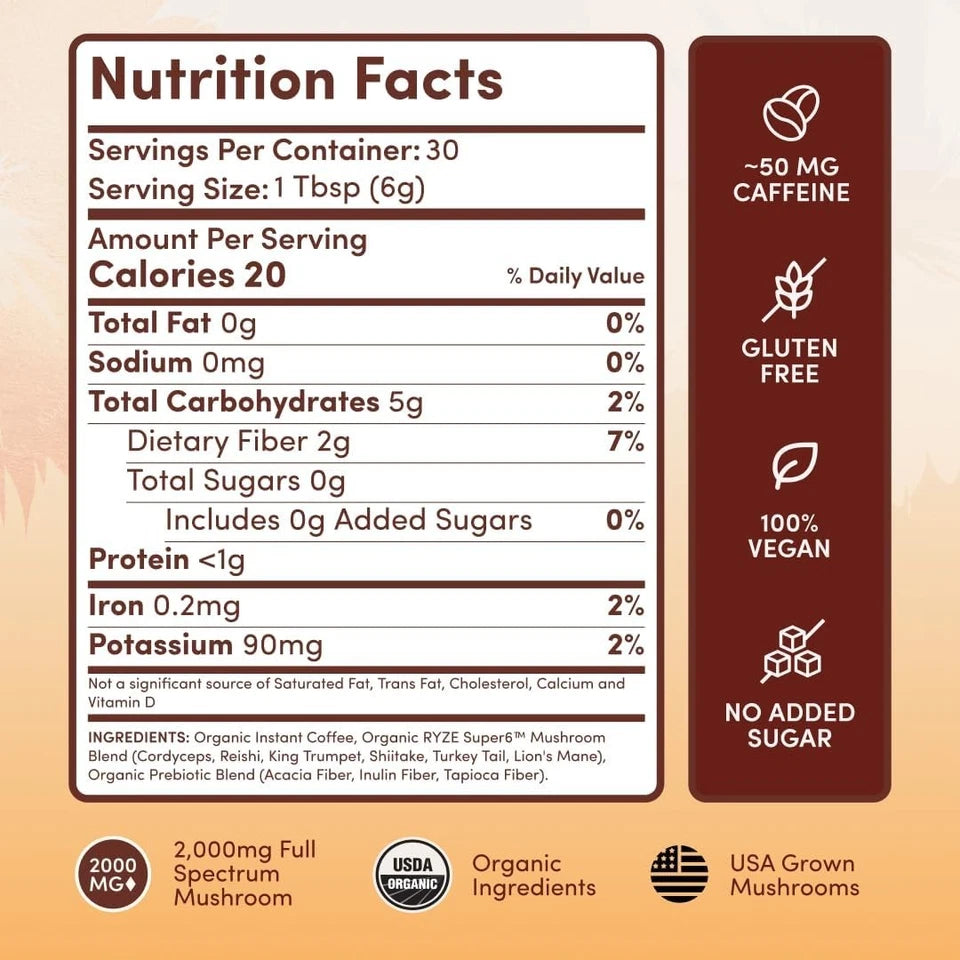RYZE Organic Mushroom Instant Coffee – Medium Roast | 6 Adaptogenic Mushrooms