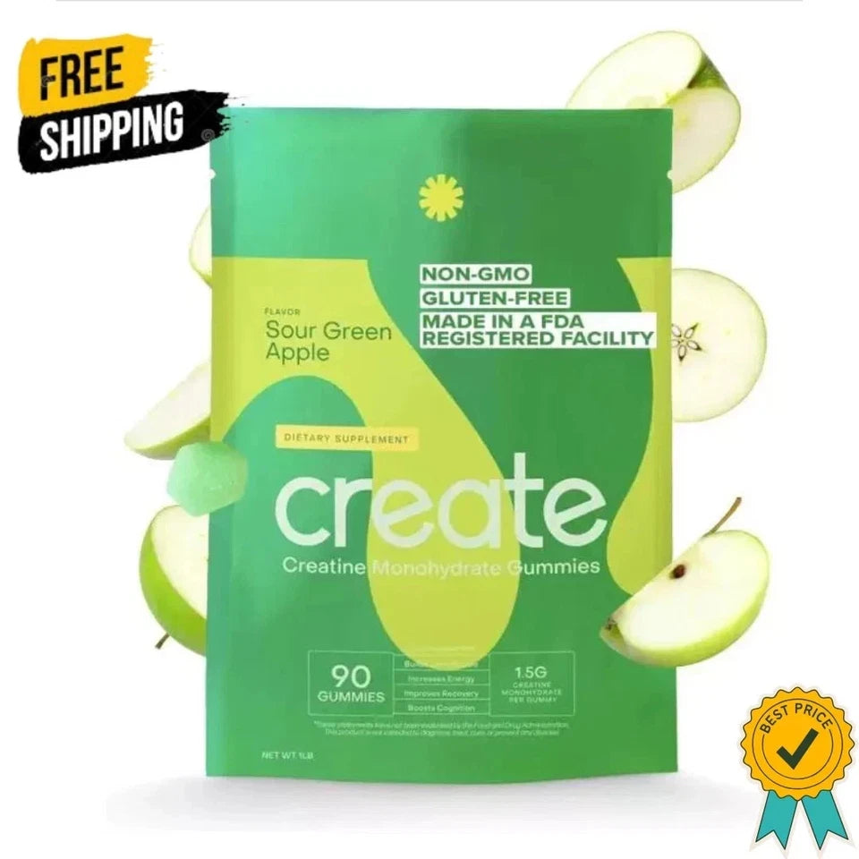 Create Creatine Monohydrate Gummies for Men & Women – Sour Green Apple | Strength, Focus & Endurance | Vegan | 90ct (30 Servings)