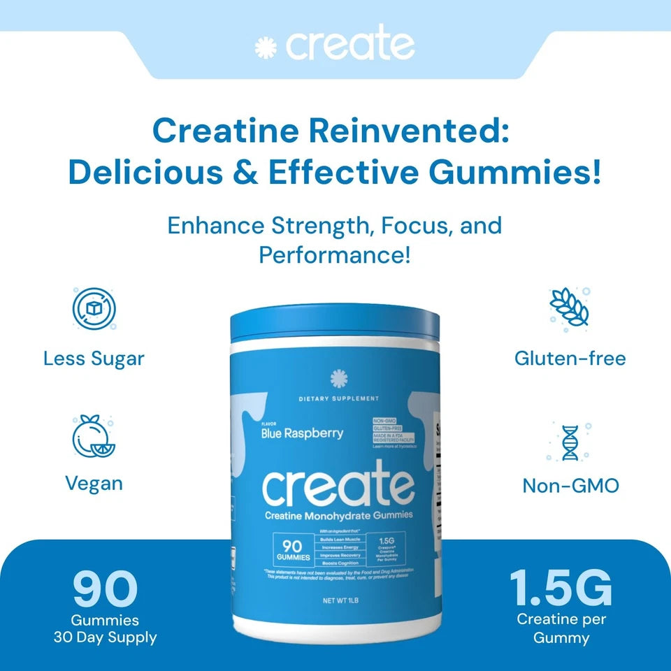 Create Creatine Monohydrate Gummies – Blue Raspberry | Focus, Strength & Endurance | Vegan | 90ct (30 Servings)
