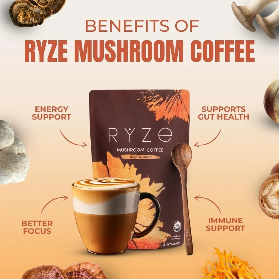 RYZE Organic Mushroom Instant Coffee – Medium Roast | 6 Adaptogenic Mushrooms