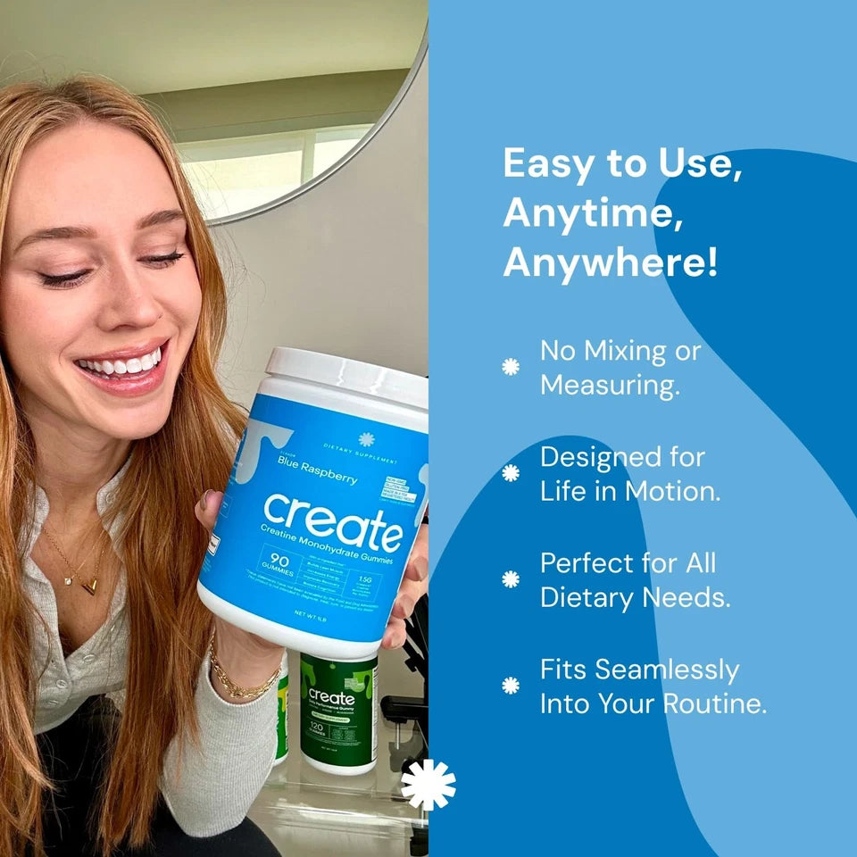 Create Creatine Monohydrate Gummies – Blue Raspberry | Focus, Strength & Endurance | Vegan | 90ct (30 Servings)
