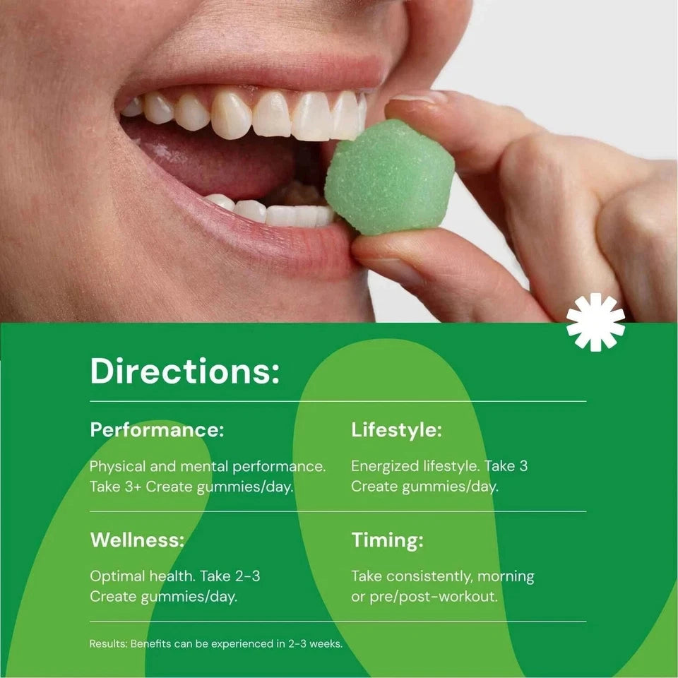 Create Creatine Monohydrate Gummies for Men & Women – Sour Green Apple | Strength, Focus & Endurance | Vegan | 90ct (30 Servings)