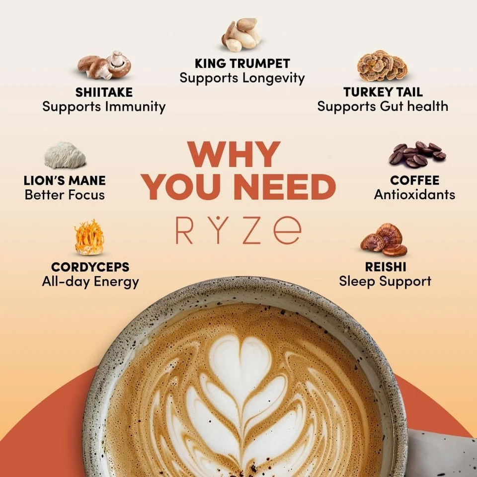 RYZE Organic Mushroom Instant Coffee – Medium Roast | 6 Adaptogenic Mushrooms